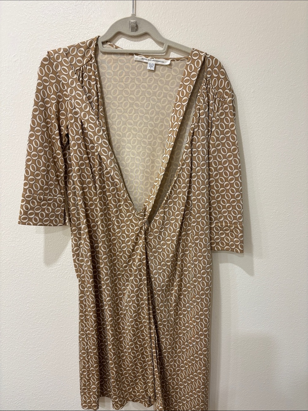 Diane von Furstenberg Tan and White Printed Wrap Dress